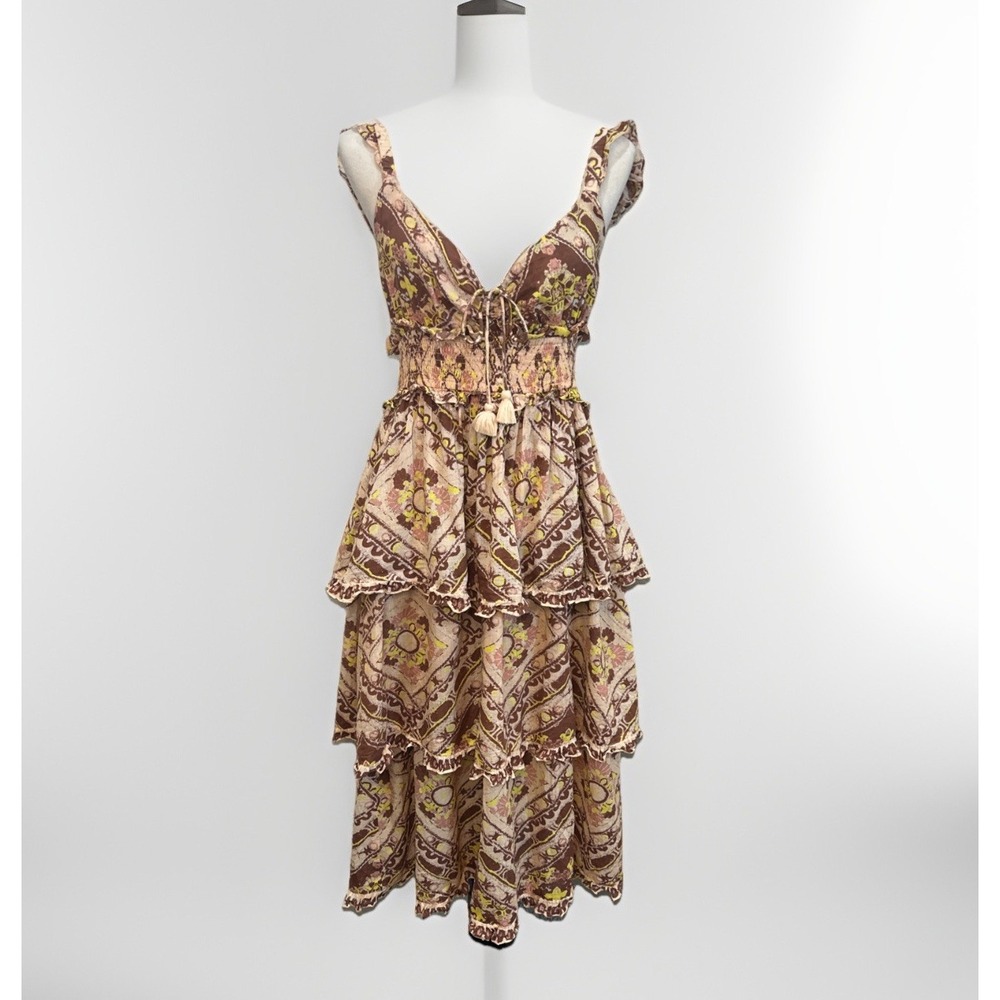Cleobella Stella Ankle‎ Dress Multi Geo Print M Floral Brown Ruffle Boho Hippie
